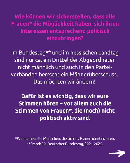 Textkachel:
Wie können wir sicherstellen, dass alle Frauen* die Möglichkeit haben, sich ihren Interessen entsprechend politisch einzubringen?
Im Bundestag** und im hessischen Landtag sind nur ca. ein Drittel der Abgeordneten nicht männlich und auch in den Parteiverbänden herrscht ein Männerüberschuss. Das möchten wir ändern!
Dafür ist es wichtig, dass wir eure Stimmen hören - vor allem auch die Stimmen von Frauen*, die (noch) nicht politisch aktiv sind.

* Wir meinen alle Menschen, die sich als Frauen identifizieren.
** Stand: 20. Deutscher Bundestag, 2021-2025