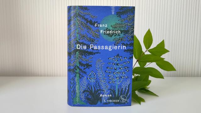 Auf einer hellen Fläche vor einer hellen Wand steht das Buch. Links ragt ein Zweig mit grünen Blättern raus. Das Buchcover von Die Passagierin zeigt eine minimalistische, düstere Illustration einer fast mystischen Szenerie. Im Vordergrund sind stilisierte Pflanzen und Bäume in sehr dunklen Grüntönen abgebildet. Darüber erhebt sich ein leuchtend grüner Mond, der einen geheimnisvollen Glanz verströmt. Der Titel „Die Passagierin“ steht in klarer, weißer Schrift in der oberen Mitte des Covers, während der Autorenname „Franz Friedrich“ darüber in kleinerer Schrift erscheint. Mittig am unteren Rand steht der Zusatz „Roman“ in weißer Kursivschrift und versetzt darunter folgt der Verlagsname und das Logo – ebenfalls in Weiß.