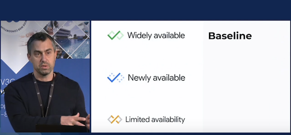 Snapshot of the video talk showing a slide displaying 3 Baseline logos: “widely available”, “newly available” and “limited availability”.