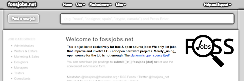 Stylized greyscale screenshot of fossjobs.net website