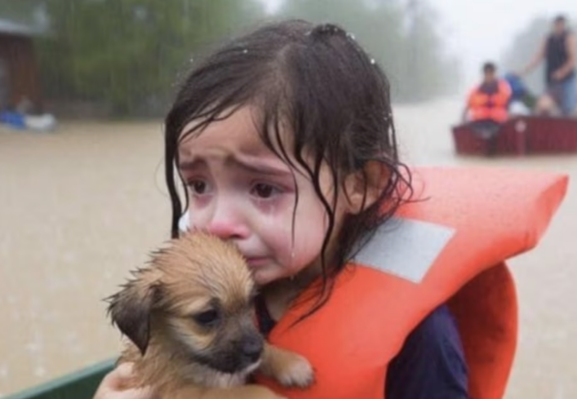 Image of a terrified 5-year old girl wearing a life vest. She's being rescued during a flood: soaking wet and clutching a wet puppy.

This image went viral during Hurricane Helene and was later found to be AI-generated.