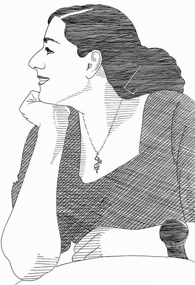 An ink drawing of a woman in profile.
