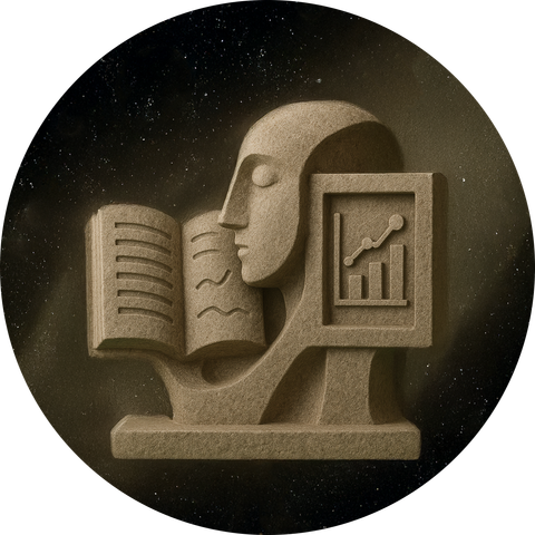 AI-generated image of a sandstone-sculpture. The sculpture consists of three elements: a book, a human head, and a pictogram showing a curve chart and a bar chart. This collage is floating in space with stars in the background and before a misty cloud.