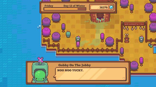 A pixel-art goblin called Gobby On The Jobby, wearing a hazmat suit, saying "NOO NOO YUCKY"
