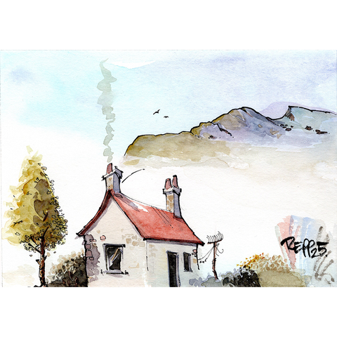 Watercolour study of a bothy in the sun, with a row of hills in the background