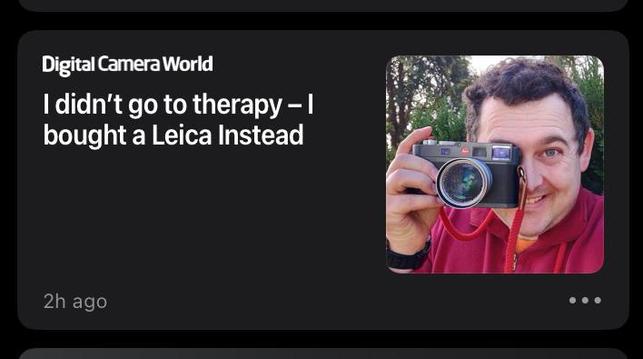 a screenshot from Apple News about an article entitled “I didn’t go to therapy - I bought a Leica instead.” On the right, a man holds a Leica camera up to his face.