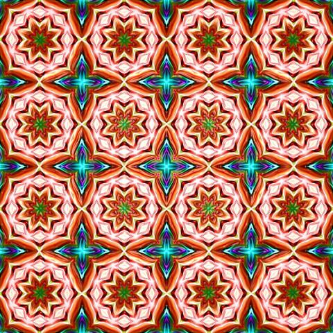 Almost-octagons in shades of brown and cream, with 8-petalled flowers at their centres. Between these tiles are crosses with pointy ends in shades of blue and purple, that look like they might be made of stained glass.