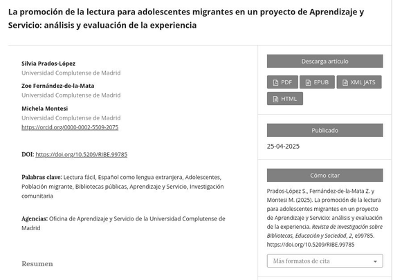Es una captura de la página del paper en el OJS. Se ven los datos de autoría, palabras clave, los formatos pdf, epub, XML JATS y html para ver el trabajo, etc.