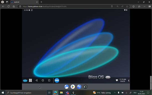 BlissOS runing on a FreeBSD server in bhyve, displayed in MS Edge on Windows 10 via guacamole