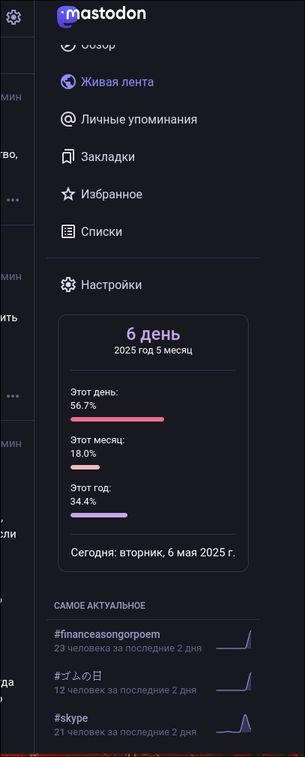 Скрин интерфейса Mastodon, показывающий самописный мини-календарь, который работает через Tampermonkey. Календарь отображает прогресс текущего дня, месяца и года в процентах, а также текущую дату. Располагается он в боковой панели и стилизован в соответствии с темой Mastodon