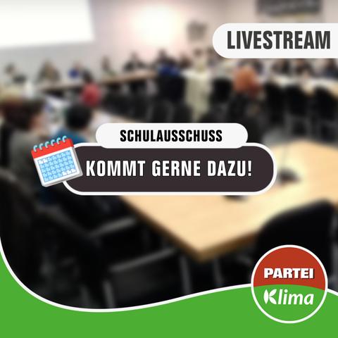 Zu sehen ist eine unscharfe Totale des Sitzungssaals im Düsseldorfer Rathaus. Viele Menschen sitzen an Tischen zusammen, die gemeinsam ein Rechteck bilden. In der Mitte des Bildes steht "Schulausschuss" in einem weißen abgerundeten Kästchen. Darunter steht in einem anthrazitfarbenen abgerundeten Kästchen "Kommt gerne dazu!". Am unteren Ende des Bildes fließt unsere grüne Wandelwelle und das Die PARTEI-Klima-Fraktionslogo.