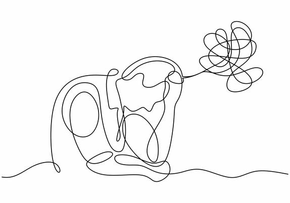 dessin en noir et blanc stylisé montrant une personne attablée avec un gribouilli montrant qu'elle ne va pas bien du tout.