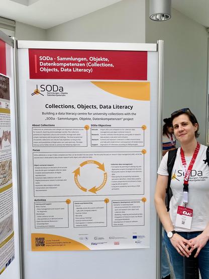 Das Bild zeigt eine Person, die vor einem Informationsstand steht, der sich mit dem Projekt "SODa - Sammlungen, Objekte, Datenkompetenzen" (Collections, Objects, Data Literacy) beschäftigt. Der Stand ist in Rot und Gelb gehalten und enthält Text in Deutsch und Englisch. Der Titel des Projekts lautet "Collections, Objects, Data Literacy" und beschreibt die Ziele und Aktivitäten des Projekts, das sich auf die Entwicklung einer Datenkompetenzzentrale für Universitäts-Sammlungen konzentriert. Die Person trägt ein weißes T-Shirt mit dem SODa-Logo und eine rote Namenskarte. Im Hintergrund sind weitere Informationsstände zu sehen.