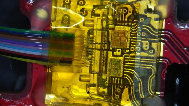 View of an electro-optical assembly on a PCB. Twelve rainbow-clad fibres enter at left, lose their cladding, and point at some lensy things. There are two chips, each with several wire bonds to the lensy things. Four diff pairs are wire bonded to the bottom chip; four channels of something are clearly visible on that chip. The top chip has maybe one diff pair.