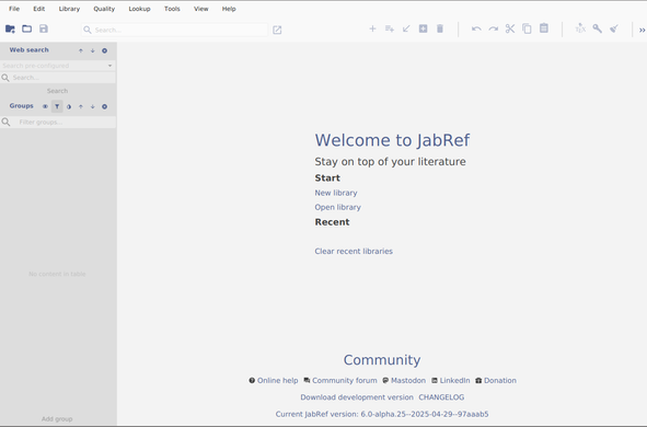 Screenshot of JabRef's new Welcome tab showing some options how to start
