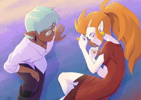 アウルハウスのファンアート。20代くらいのレイーダ。草原でやや身体を丸めて横になり眠っているイーダと、片膝を立てて座りイーダを見ているレイン。草原の草の色は薄紫色から青のグラデーション。薄オレンジ色の光が差している。