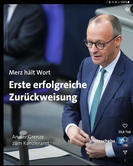 Bild von Nicht-Bundeskanzler Merz im Stil einer Nachrichtensendung.

Darauf steht "Merz hält Wort, erste erfolgreiche Zurückweisung"
Darunter in kleinerer Schrift "An der Grenze zum Kanzleramt"