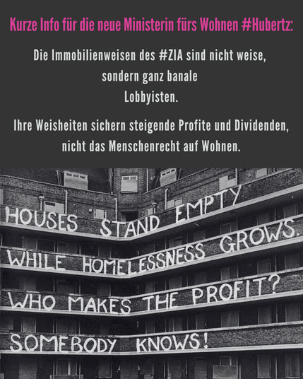 Auf den Laubengaengen eines aus Backsteinen gebauten mehrstoeckigen britischen Sozialbaus steht mit weisser Farbe in grossen Lettern geschrieben: "Houses stand empty while homelessness grows, who makes the profit? Somebody knows!