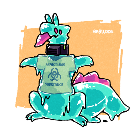 Newt, a lizard made of slime, wearing a yellow shirt with the biohazard symbol on it and the text "INFECTIOUS SUBSTANCE". Newt is T-posing to show its shirt off, but the shirt is inside its body and completely covered by a dripping transparent layer of slime already.