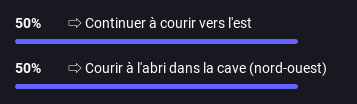 Deux choix du sondage d'une séquence de fiction interactive dont les votes sont à 50 % de chaque côté. Choix 1: Continuer à courir vers l'est. Choix 2 :Courir à l'abri dans la cave (nord-ouest)