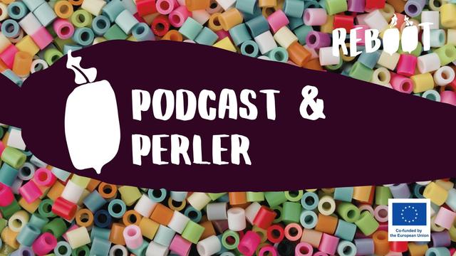 White text: PODCAST & PERLER
on a black shape, with an illustration of a beet beside it

Background is colourful plastic cylindrical beads