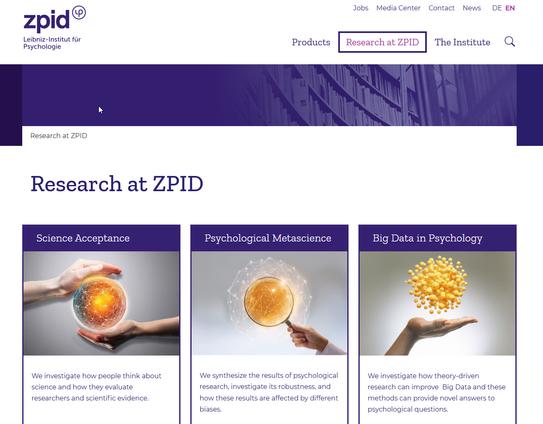 ALT: The ZPID Website withits research areas an teams online: https://leibniz-psychology.org/en/research-at-zpid