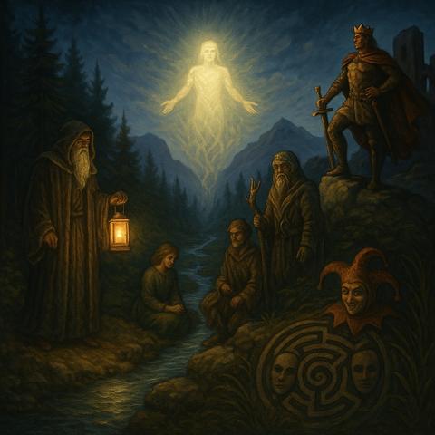Zentrale Elemente und Archetypen:

1. Der Weise (links unten) – Archetyp: INFJ

Ein alter Mann mit Kapuze steht am Ufer eines Baches. In der Hand hält er eine Laterne – Symbol für innere Erkenntnis. Er ist in sich gekehrt, beobachtet – nicht kämpfend, sondern tragend. Die Laterne leuchtet nicht nach außen, sondern nach innen. Er steht für Bewusstsein, Grenzsetzung, Tiefe.

2. Die Ruhende (sitzend am Wasser) – Archetyp: INFP

Eine in sich gekehrte Frau sitzt am Ufer, in meditativer Haltung. Um sie scheint eine sanfte Aura des Friedens. Sie wirkt verletzlich, aber wahrhaftig. Sie verkörpert Sinnsuche, Innerlichkeit, Heilung.

3. Der König (rechts oben) – Archetyp: ESTP/ENTJ

Ein mächtiger Krieger mit Krone und Umhang steht auf einem Felsen. Das Schwert zeigt in den Boden – ein Symbol der errungenen, aber dominanten Macht. Er blickt in die Ferne, selbstsicher, fast überheblich. Er verkörpert Führung, Kontrolle, narzisstische Selbstbehauptung.

4. Die Lichtgestalt (Mitte oben) – Archetyp: ENFJ oder transpersonaler Archetyp

Ein leuchtendes Wesen schwebt im Himmel über dem Tal – geschlechtslos, überirdisch, durchstrahlt von innerem Licht. Es ist nicht Macht, sondern Ausstrahlung. Es wirkt wie ein Symbol der verbindenden Führung, des höheren Bewusstseins, der Liebe.

5. Der Narr (unten rechts) – Archetyp: ENTP

Ein lachendes Gesicht mit Narrenkappe liegt halb im Schatten – aus einem Labyrinth herausragend. Der Narr steht für Provokation, Spiel, Durchbrechung fester Rollen – er erin