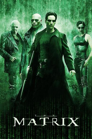 Afiche verduzco con Neo en primer plano y otros tres personajes de la película atrás. 
Se ven filas de números a través de la imagen.