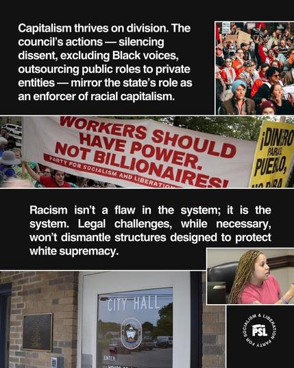 Systemic oppression, exemplified by silencing dissent and prioritizing private interests over public good.