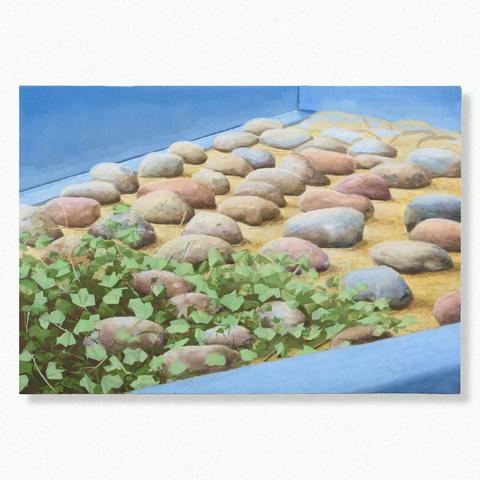 Painting by Aurel Porté depicting a cymbalaria partially covering a surface of pebbles sealed in concrete. Such urban installations are common in renovated spaces; they aim to make the location uncomfortable, preventing anyone—be it a passerby, a homeless person, or a group of young people—from sitting or lying down. These structures are always designed to blend in as decorative elements of the place where they are installed.