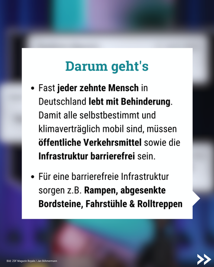 Text im Bild: Darum geht's
Fast jeder zehnte Mensch in Deutschland lebt mit Behinderung. Damit alle selbstbestimmt und klimavertraglich mobil sind, müssen öffentliche Verkehrsmittel sowie die Infrastruktur barrierefrei sein.

Für eine barrierefreie Infrastruktur sorgen z.B. Rampen, abgesenkte Bordsteine, Fahrstühle & Rolltreppen