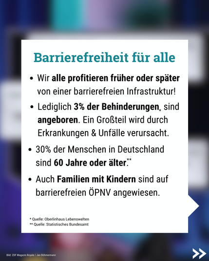 Barrierefreiheit für alle 
Wir alle profitieren früher oder später von einer barrierefreien Infrastruktur!

Lediglich 3% der Behinderungen sind angeboren. Ein Großteil wird durch Erkrankungen & Unfälle verursacht.
30% der Menschen in Deutschland sind 60 Jahre oder älter.
Auch Familien mit Kindern sind auf barrierefreien ÖPNV angewiesen.