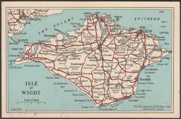 Printed colour postcard showing a map of the Isle of Wight.

Published by W. & A.K. Johnston & G.W. Bacon Ltd, Edinburgh & London, not numbered, blank back, c.1910s.

Postally unused.

Very good condition, with very slight corner bumps, but pencil mark to top left of back and light ripple to lower edge, can be felt but not seen.
