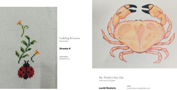 screengrab of a page, on the left there is a crossstich embroidery of a ladybug (black and red), and there are leaves (green) and flower (yellow). 

on the right a color pencil drawing of a crab (yellow to red - and black claw tips) titled Mr Pinchy's Day Out.
