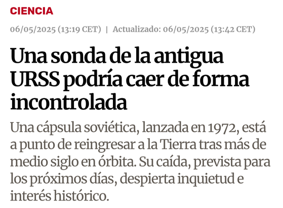 Titular del periódico donde pone que una sonda de la antigua Unión soviética podría caer de forma incontrolada