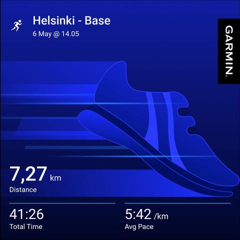 Garminin juoksutilastot: matka 7,27 km, kesto 41:26, keskitahti 5:42 min/km.