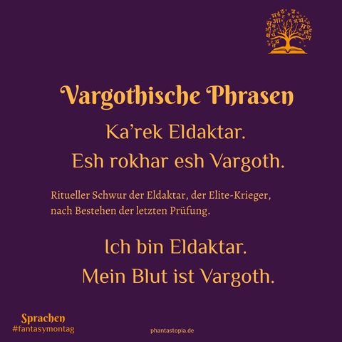 Textgrafik - Vargothische Phrasen
Formel zum Abschluss eines Paktes, doch vorsicht: Wer die Worte ausspricht, kommt aus der Nummer nicht mehr so schnell raus 😉. Diese Phrase begegnet uns sehr häufig in allen Texten.
Zha'kar ven Zha'kar.
Est Anima pro Anima.
Eine Seele für eine Seele.