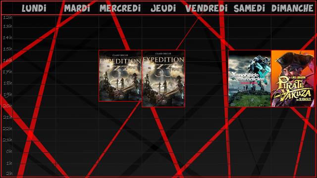 -Mercredi, de 15h jusqu'à 19h30, première salve de Clair Obscur Expédition 33;
-Jeudi, de 15h jusqu'à 20h, deuxième salve de Clair Obscur Expédition 33, faut qu'on avance le jeu !
-Samedi, de 15h jusqu'à 20h, la dose hebdomadaire de Xenoblade Chronicles X Definitive Edition;
-Et Dimanche, de 15h jusqu'à 20h, on passera à Like a Dragon Pirate Yakuza in Hawaii pour un live full histoire !