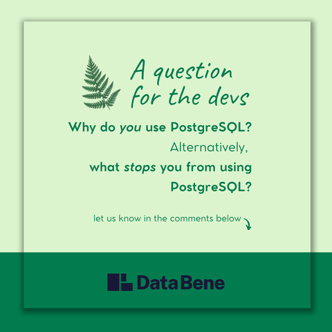 A question for the devs. Why do you use PostgreSQL? Alternatively, what stops you from using PostgreSQL? Let us know in the comments below. (Data Bene logo)