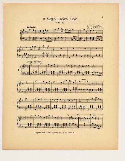 A page of sheet music, "A sigh from Zion, Waltz" by J. Manishor, arr. by Ch. Weissman.