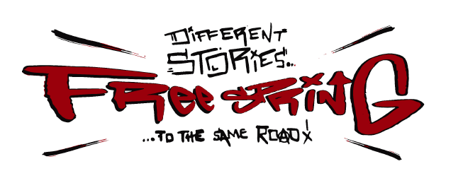 Titolo in grafica del FreeParty in questione che cita "Different stories... to the same road! Free Sping"
