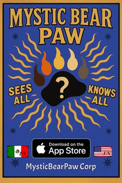 A bear paw in the center with the tag line: Music Bear Paw Sees All Knows All with the flags for English and Spanish, plus the company name MysticBearPaw Corp