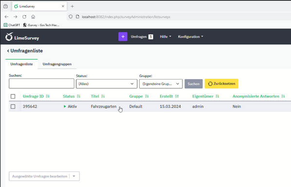 Screenshot of LimeSurvey with a plugin that shows official government linked data.