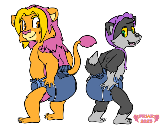 Illustrated commission of Friar the lion and Crunch the poochyena modeling their 2XL Goodnites.
