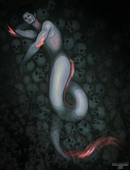 A pale, iridescent fish man with pink fins and gills reclining over a pile of human skulls, half in and half out of water.