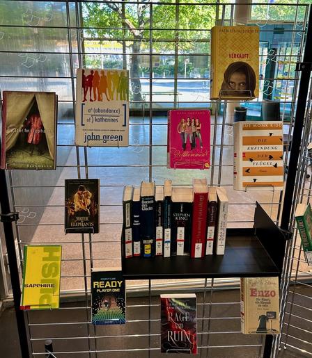 Foto einer Medienpräsentation auf einem Regal mit verschiedenen Büchern, die in den USA zensiert werden