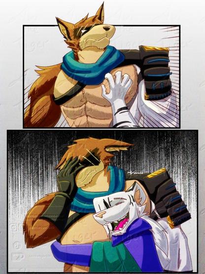 A two panel sequence of a white tiger dressed in blue and green clothes grabbing the giant pec of a tanuki samurai and then hugging him as the tanuki face palms in disappointment