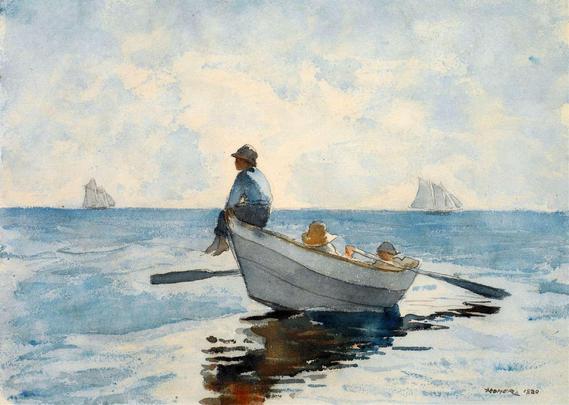The watercolor depicts a serene summer day as a small rowboat drifts on calm waters. A boy at the front gazes thoughtfully into the distance, lost in his reflections, while another boy sits on the oars, ready to guide their vessel. Beside them, the third boy shares in the moment, creating a sense of camaraderie. In the background, sailboats gracefully glide across the horizon beneath a partly cloudy sky, enhancing the peaceful ambiance of the day.