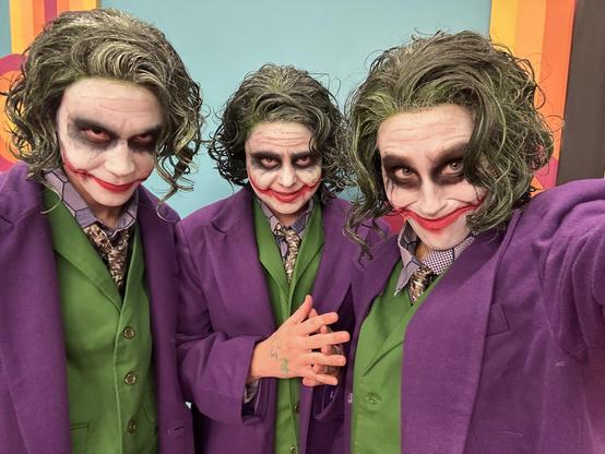A selfie of Zac Oyama, Ally Beardsley, and Lisa Gilroy in Joker makeup and costumes