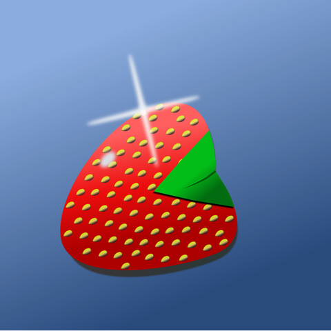 Dessin vectoriel d'une fraise posée sur le côté. Un reflet scintille sur le dessus.